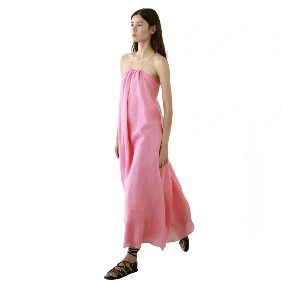 Massimo Dutti Long Gathered Pink Dress With a Halter Neckline  in Sz S - Picture 2 of 10